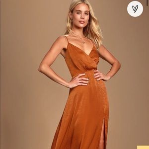 Lulu’s Constantine Rust Orange Satin Maxi Dress.